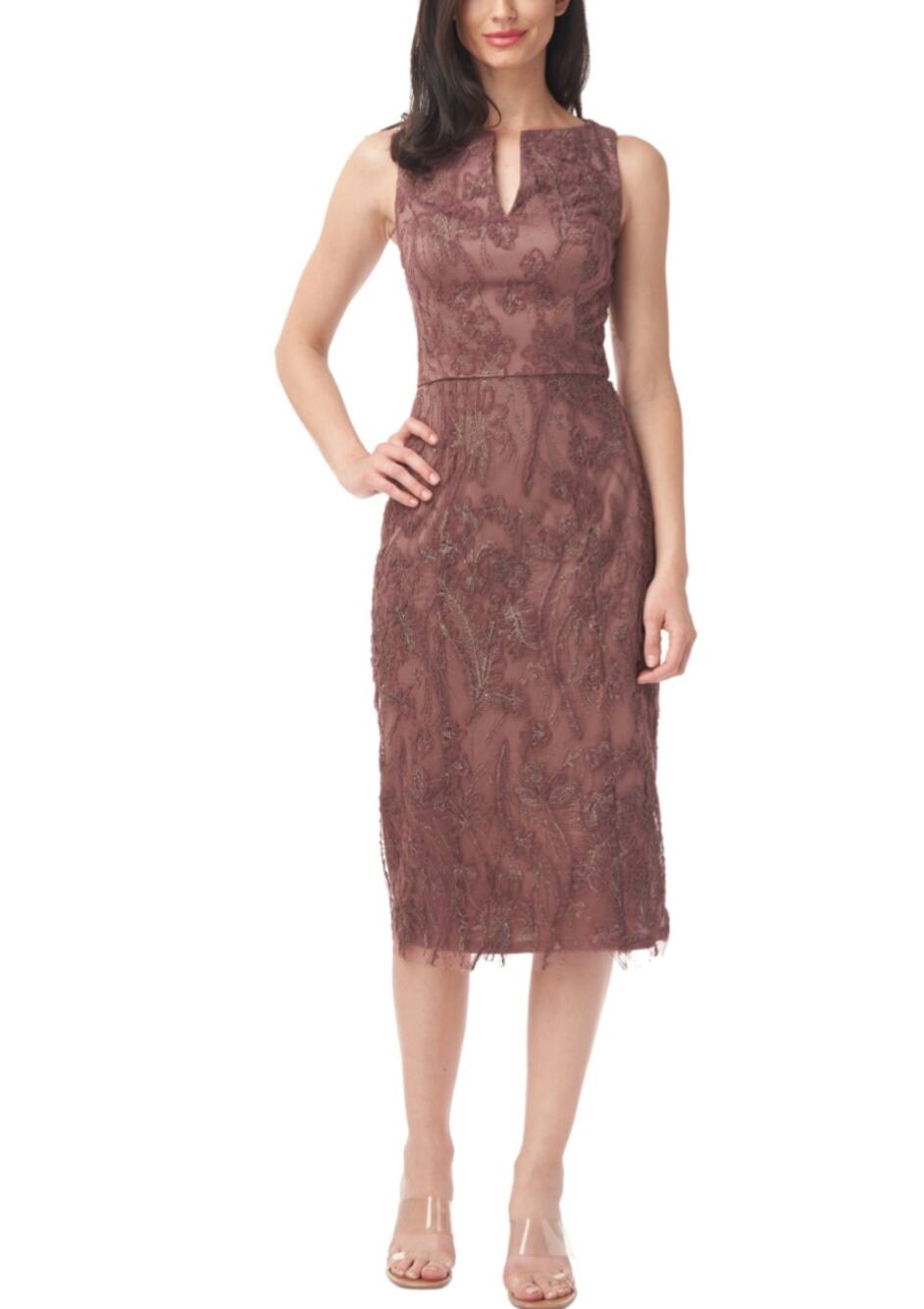 JS Collections Brown Cocktail Dress Metallic Floral Lace Midi Sheath Size 8